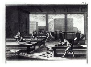 Werkplaats van de timmerman, het maken van koetsen en draagstoelen, uit 